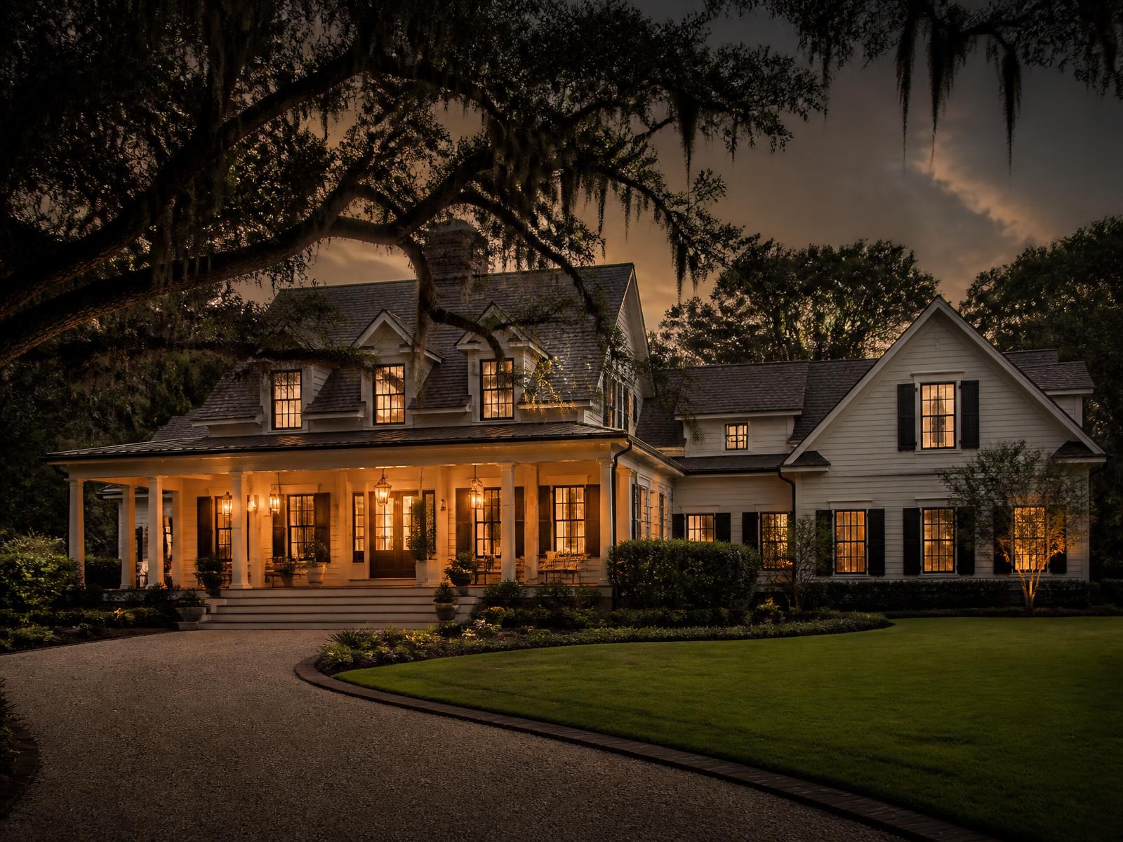 Luxury private residence on Kiawah Island at dusk with warm interior lighting